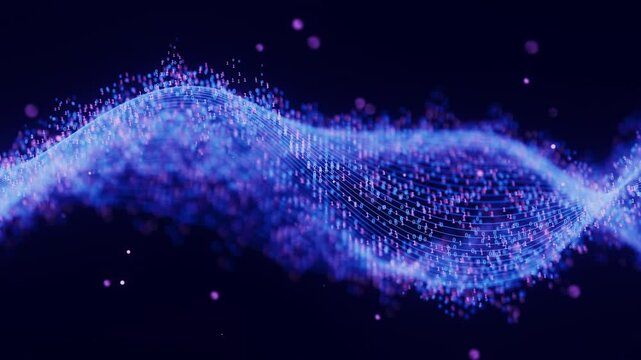 Futuristic technology binary digital wave motion with cloud data points. Cyberspace AI data flow concept. Abstract digital wave with moving numbers. Big data analysis animation.