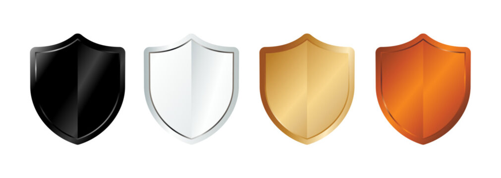 4 Glossy shields, set of vector illustrations in black, silver, gold and bronze colors