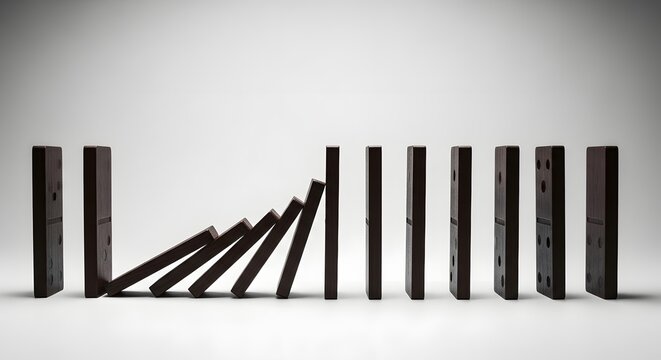 Domino effect in motion with black tiles falling in a sequence on a white background.