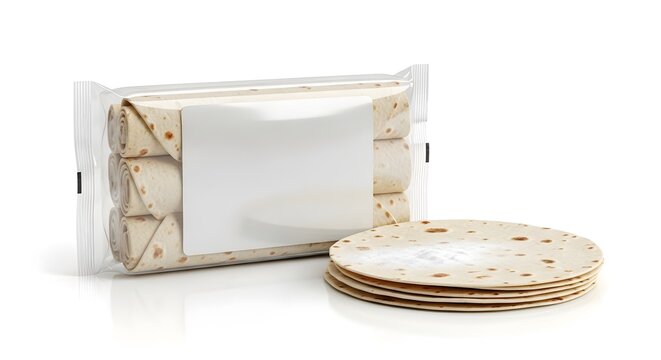 Flour Tortilla Wraps Packaging Mockup with Blank Label and Stacked Tortillas