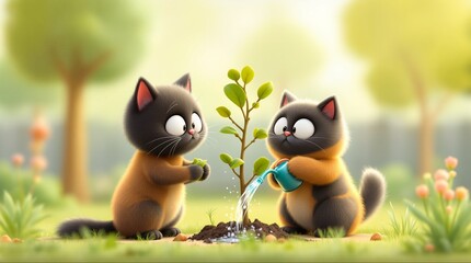 Cute Kittens Caring for a Young Tree in a Peaceful Garden
