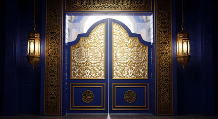A grand, ornate door with intricate golden designs and a large glass window. Vector