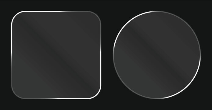Liquid glass smartphone icon interface isolated for dark theme. White ui light frame square and circle banner with glow stroke. Control center widget for smartphone and web app, vector