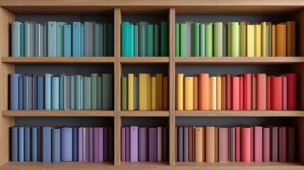 Obraz premium Colorful bookshelf with vibrant books arranged by color on wooden shelves.