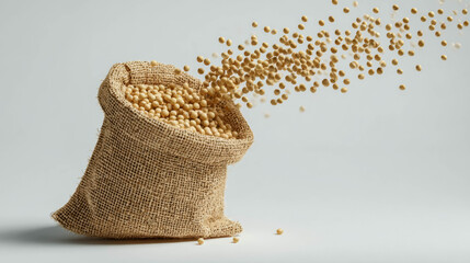 Burlap sack spilling yellow soybeans on a light background showcasing natural agricultural produce