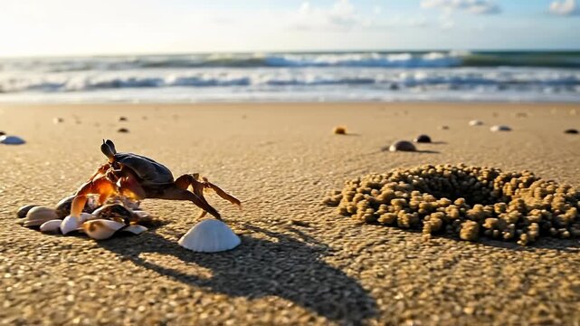 Hermit crab's journey: exploring sandy beach with shell collections and ocean waves