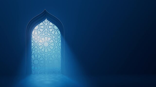 Moon light shine through the ornate window into Islamic mosque interior. Ramadan Kareem Islam motion background. Holiday elegant animated 3d backdrop.