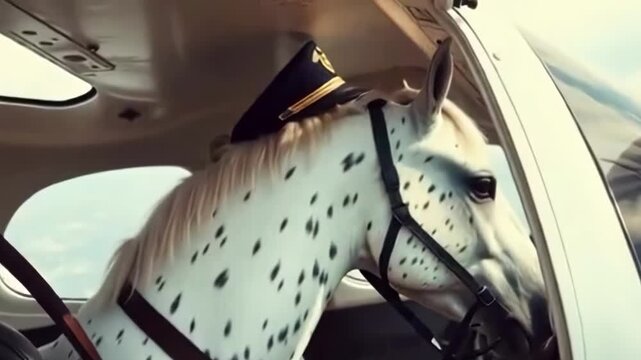 White horse wearing a pilot hat sitting in a private airplane cockpit for a luxurious dream travel concept and surreal adventure