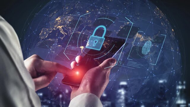 Digital cyber security lock system highlighting data security encryption, cyber password protection, fingerprint ID, cloud storage safety, and cyber security for online access Marrow