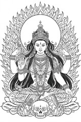 Traditional Thangka Line Art - Kali Coloring Page
