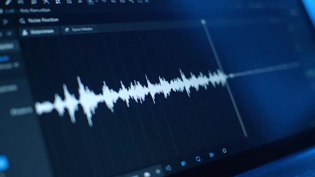 Audio Waveform Editing Software on Computer Screen in Dark Moody Blue Lighting for Music Production