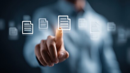 Obraz premium Hand touching digital document icon for data management