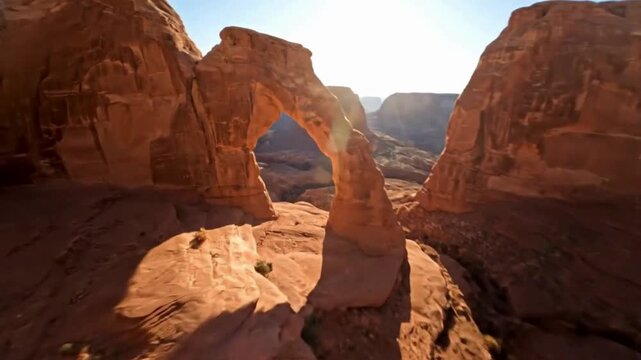 A majestic natural arch carved by erosion stands tall against a vibrant sky, showcasing the timeless beauty of the earth. drone flying perspective 