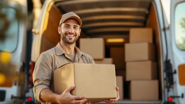 Smiling Delivery Professional Carefully Managing Parcels With Expertise