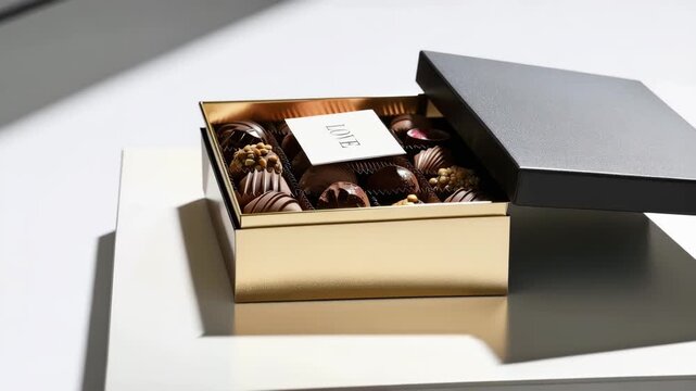 Box of assorted chocolates with LOVE card on white surface, romantic gift for Valentines Day with elegant packaging and sweet dessert treat
