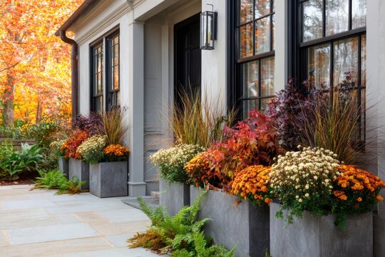Colorful flower planters by a house entrance with vibrant fall trees in the background during autumn, showcasing foliage and seasonal decorations around the porch area