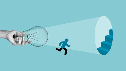 Career Guidance and Opportunity Concept, Personal Growth, Motivation, Leadership, Success Path, New Direction and Inspiration with Retro Light Bulb