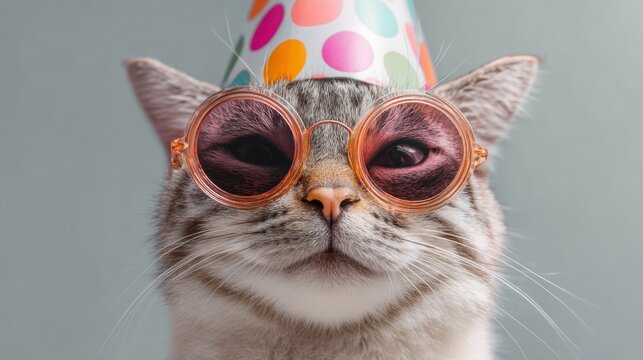 Stylish cat in party hat and sunglasses looking cool and trendy.