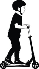 Silhouette of a child riding a scooter with a helmet on a plain background © Sirin