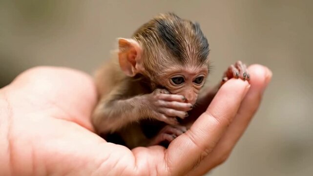 A tiny adorable baby monkey rests gently in a human hand