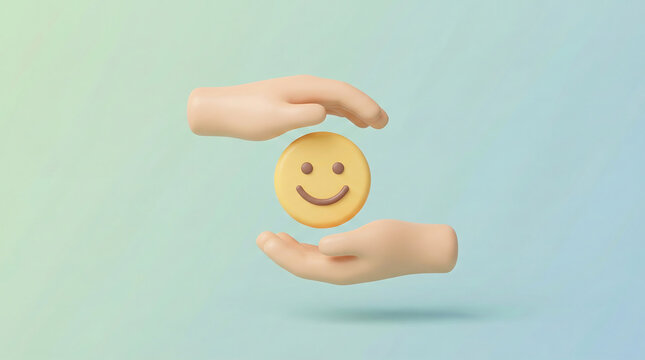 Two 3d hands protecting a yellow smiley face icon on a soft blue background representing mental health support and positive customer experience care service