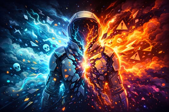 Futuristische Figur mit geteiltem Energiekern und digitaler Warnung