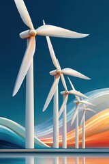 Obraz premium Abstract digital illustration of wind turbines with a vibrant rainbow backdrop and reflection