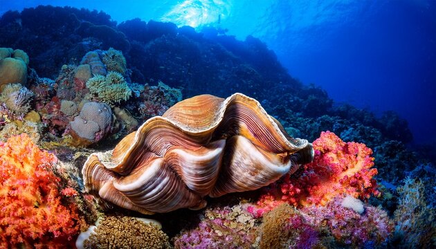 Giant Clam Resting Among Colorful Coral Reef