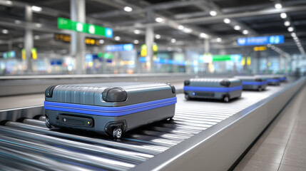 Fototapeta premium Modern airport logistics corridor with baggage conveyors guiding suitcases, organized routing, clean signage, contemporary materials, seamless transport workflow, infrastructure ef