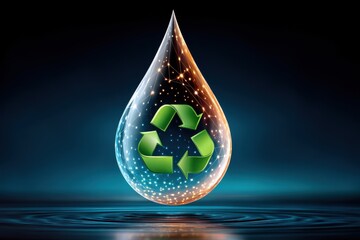 Obraz premium Digital water drop with green recycling symbol and vibrant, futuristic lines and light