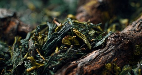 Fototapeta premium Conceptual close-up of textured dried green leaves and organic wood elements with a rich, earthy palette and soft focus