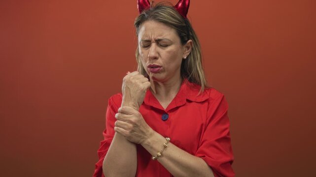 Woman clutching wrist with pained expression wearing devil horns headband and red shirt in red studio; discomfort.