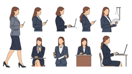 Fototapeta premium Collage of businesswoman working in different settings and activities from various viewpoints