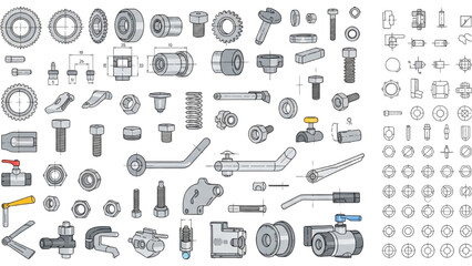 Detailed illustration of various mechanical parts and tools arranged neatly on a clean background from a straightforward viewpoint