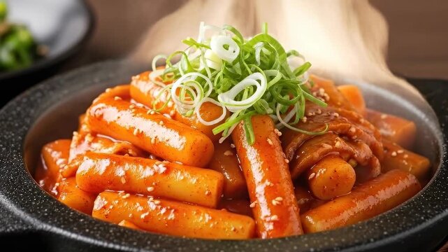 Steaming korean tteokbokki served in hot bowl with fresh green onions and side dishes