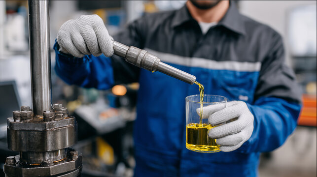Technician performing oil sampling with PPE gloves in a laboratory, close-up of steel valve system, reflective oil surface in glass container, controlled environment, precise quali