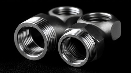 Perspective close-up of metal plumbing fittings grouped on black background, polished threaded surfaces, soft highlights on curves and edges, minimalistic industrial product photog