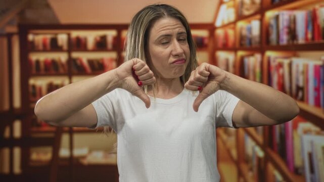 Blonde woman showing thumbsdown gesture in a library setting with shelves of books; negative feedback.