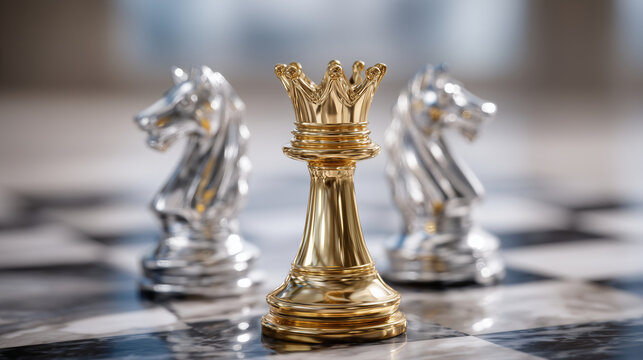 Perspective close-up of silver and gold chess pieces in strategic arrangement, golden king central, silver knights flanking, polished metallic surfaces, business strategy and colla