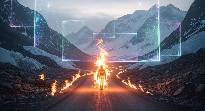 Man on Fire Walking Through Snowy Mountains with Rainbow Prisms