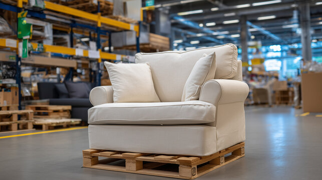 Close-up of an armchair on a pallet in a warehouse, other furniture blurred in the background, tidy stacking and organized storage, efficient inventory management for household ite
