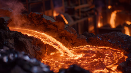 Close-up top view of molten steel filling a metal mold, radiant orange liquid, reflections on molten metal, steam and smoke subtly rising, high-detail industrial foundry workflow