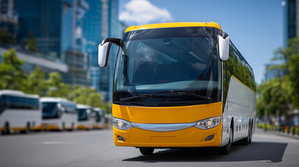 Obraz premium Close-up of reflective tour bus windows and polished body in a fleet, multiple buses visible in soft focus behind, bright urban environment, ready for city sightseeing tours