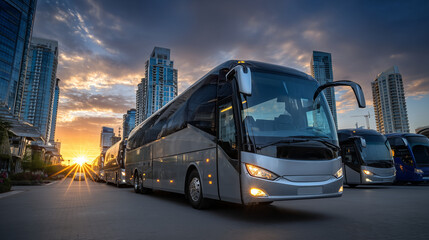 Naklejka premium Cinematic low-angle shot of multiple modern tour buses lined up, polished metallic surfaces gleaming, urban skyline in background, doors open and ready for passengers, travel and c