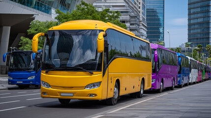 Fototapeta premium Side-angle view of multiple city tour buses in organized row, glossy painted exteriors, large panoramic windows, urban architecture reflected, doors open for passenger boarding