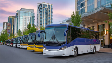 Obraz premium Side-angle view of multiple city tour buses in organized row, glossy painted exteriors, large panoramic windows, urban architecture reflected, doors open for passenger boarding