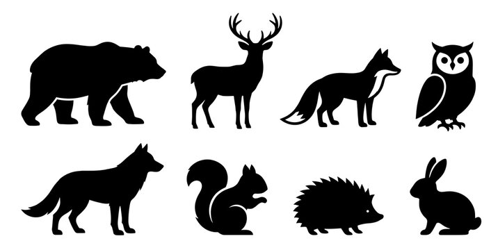 Collection of black forest animal silhouettes including bear deer fox owl wolf squirrel hedgehog and rabbit for nature design projects
