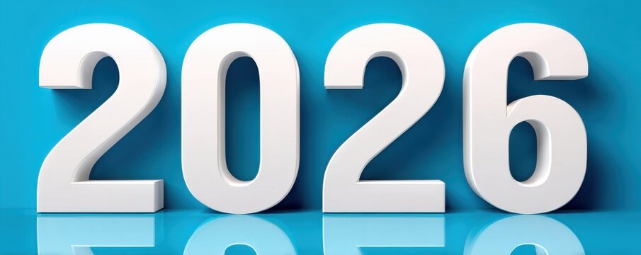 Modern 3D white digits 2026 on a blue background with reflection for a new year concept