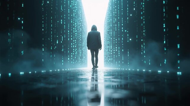 Hooded figure walking down corridor of glowing binary code | Cinematic futuristic animation | Concept of digital identity, cybersecurity, AI technology, data immersion