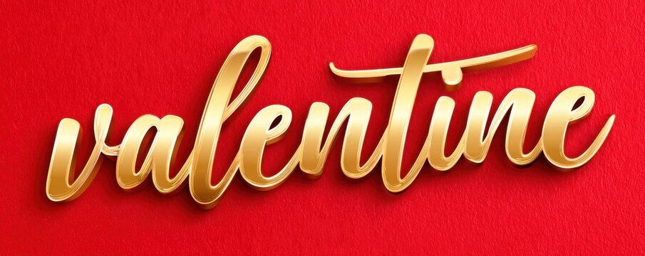 Valentine gold script text on red background, romantic and luxurious holiday banner for cards